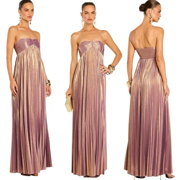 Retrofête Lyanna Metallic Pleated Sweetheart Strapless Maxi Dress Evening Gown - Picture 4 of 15
